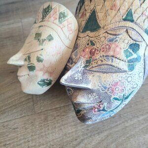 2 hand carved Indonesian wooden Batik masks. Wall hanging decor.